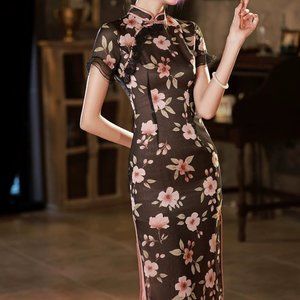 Black Pink Flora Qipao Long Dress - Chinese Traditional Cheongsam
